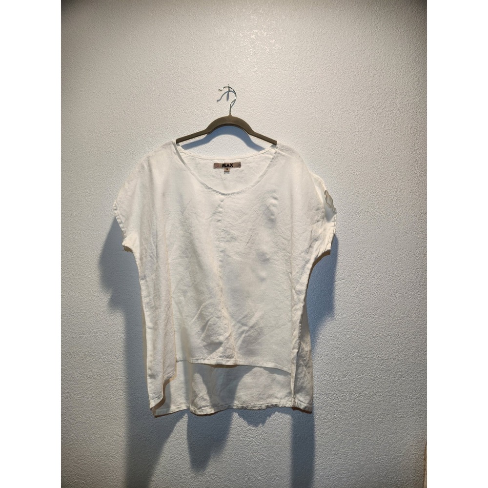 NWOT‎ FLAX 100% Linen White Short Sleeve Layered Hem Top Size S Lithuania